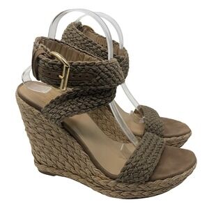 Stuart Weitzman Wedge Sandals Womens 10 Tan Espadrille Woven Ankle Strap A06617